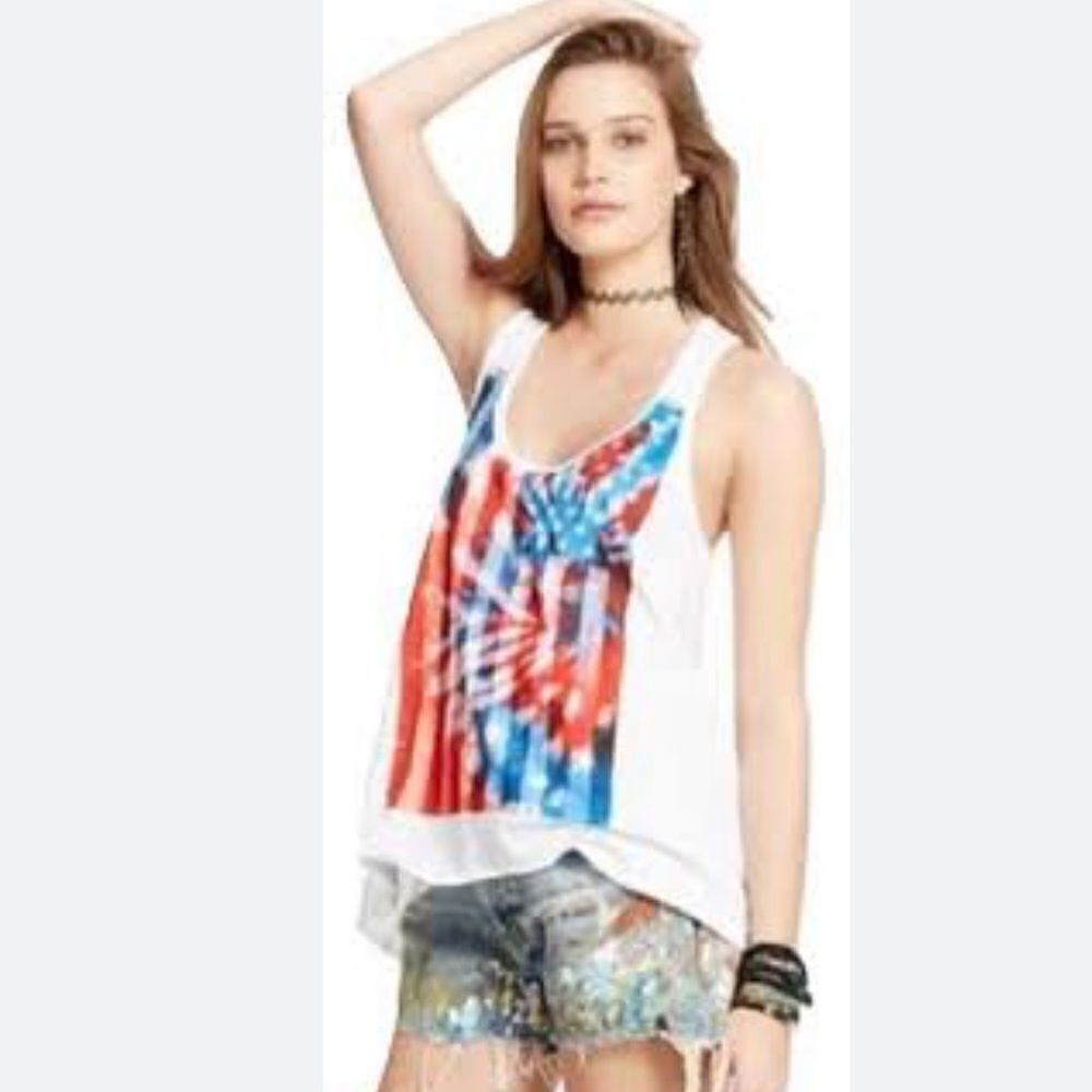 Denim & Supply Ralph Lauren Red White Blue Tie Dye Burst American Flag Tank Top